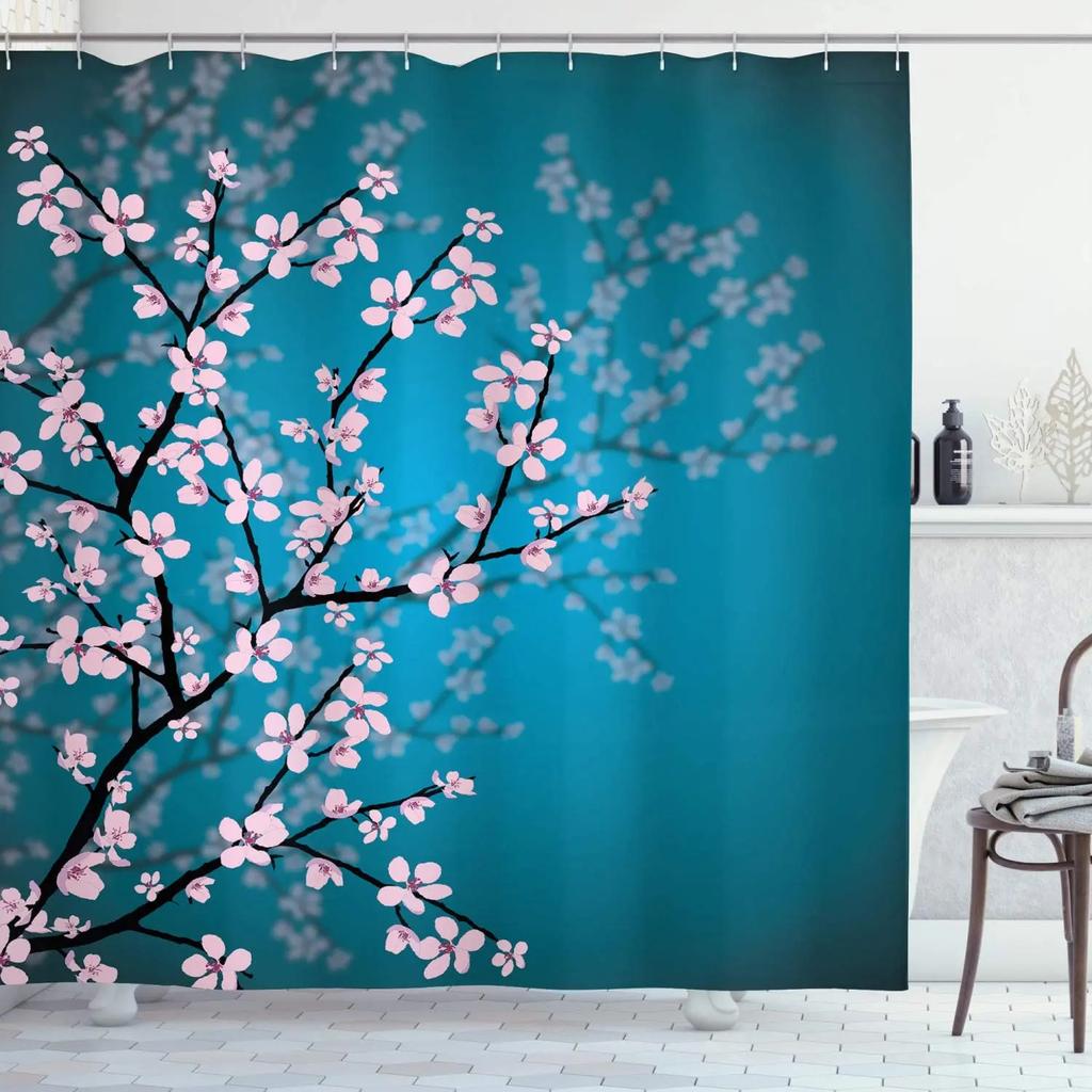 Floral Shower Curtain, Spring Blossom Flower Polyester Bath Curtain with Hooks Durable Waterproof Shower Curtain for Bathroom