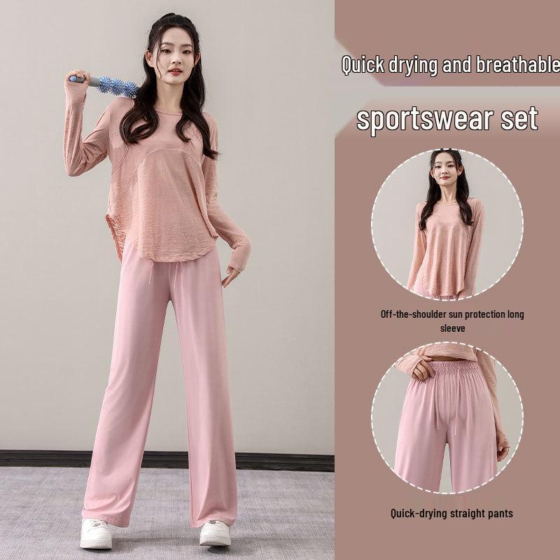Women's Summer Casual Sportswear Set: 2024 Loose Long Sleeve Yoga Top with Sun Protection and Ice Silk Straight-Leg Pants