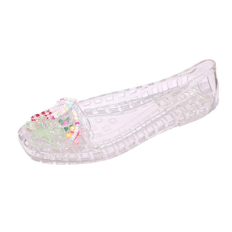 Niche square head shallow mouth hollow flat-soled single shoes summer new jelly colored pearl decorative sandals