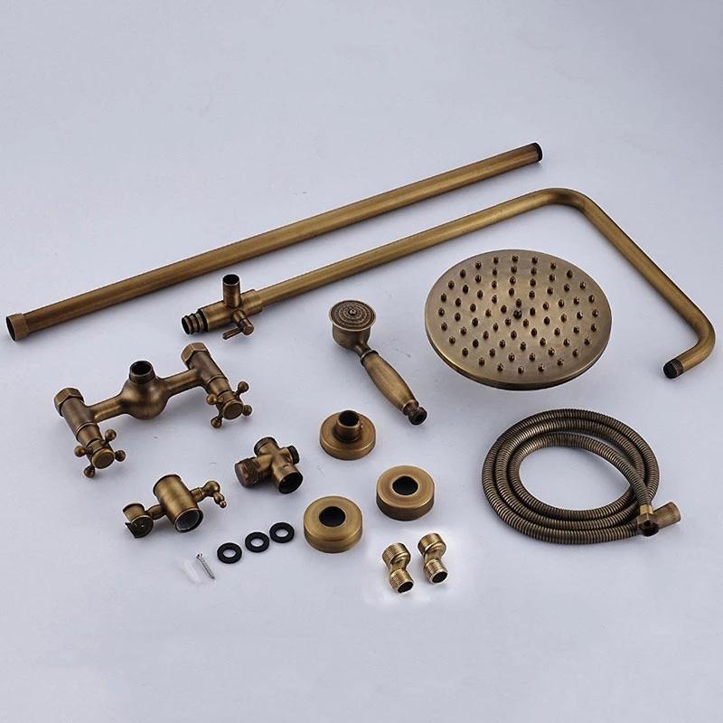 Antique Bathroom Rainfall Shower Faucet Set Wall Mount Dual Handle With Handshower Brass Bathroom Shower Mixer Tap