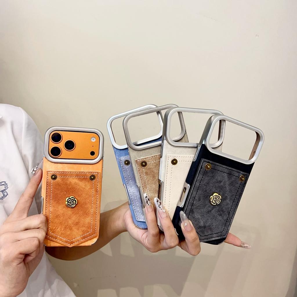 3D camellia Denim pocket card bag Case for iPhone 17 16 15 14 13 Phone Cover 17 16 15 14 13 Pro MAX soft Shockproof Back Funda
