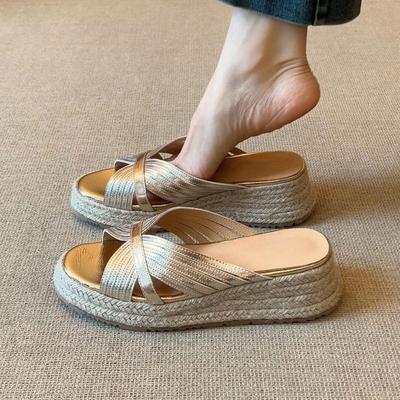 Sheepskin Version~ French Casual Retro Thick-bottomed One-word Drag, Fashionable Summer Open-toe Design, Slope-heeled Sandals