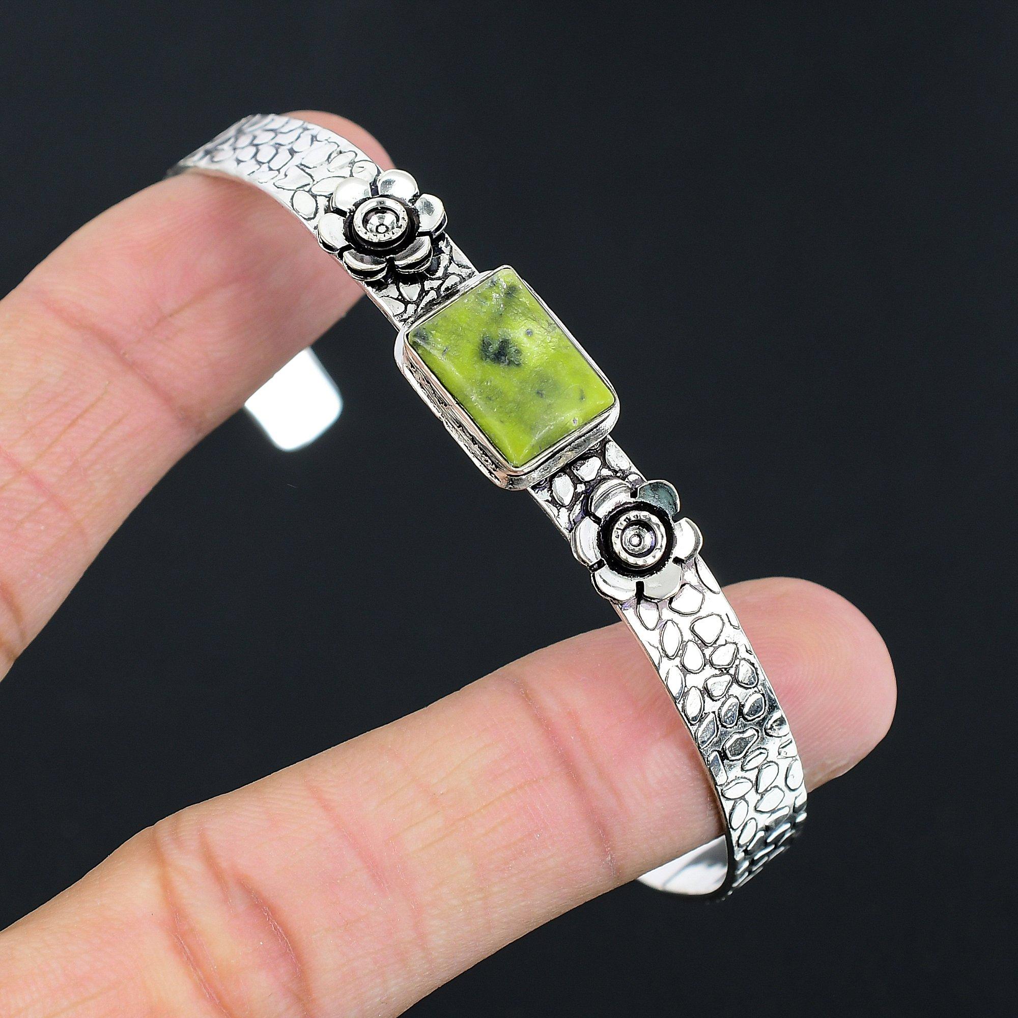 

Daughters Day Deal Sterling Silver Atlantisite Gemstone Flower Bangle Bracelet Adjustable