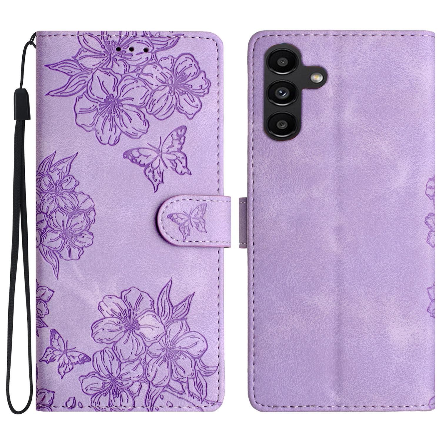 

For Samsung Galaxy A24 4G (162.1 X 77.6 X 8.3mm)/A25 5G (Global) (161.0 X 76.5 X 8.3mm) Imprinted Leather Wallet Phone Cover Purple