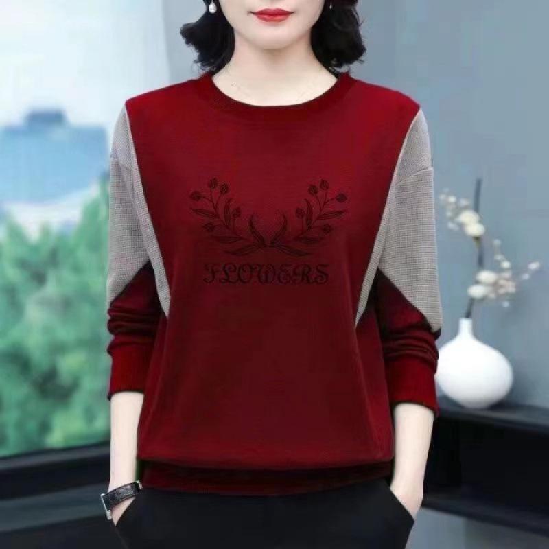 Autumn Winter Women's Cotton Patchwork Round Neck Plus Size Long Sleeve Printed Sweatshirt for Middle-Aged Moms