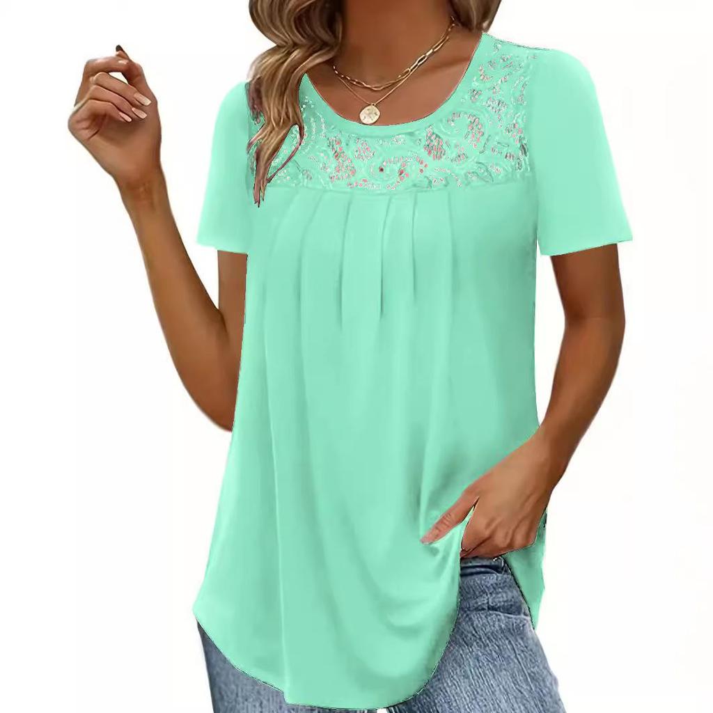 T-shirt a pieghe larghe patchwork in pizzo da donna T-shirt oversize in pizzo patchwork oversize S-5XL ZC-403