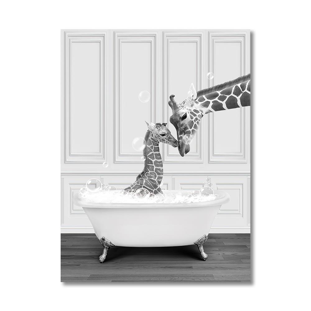 Animais Engraçados Arte de Parede Impressões de Pôster Girafa Banheira Pinguim Elefante Zebra Pintura em Tela Imagem para Quarto de Banho Quarto Decoração de Casa