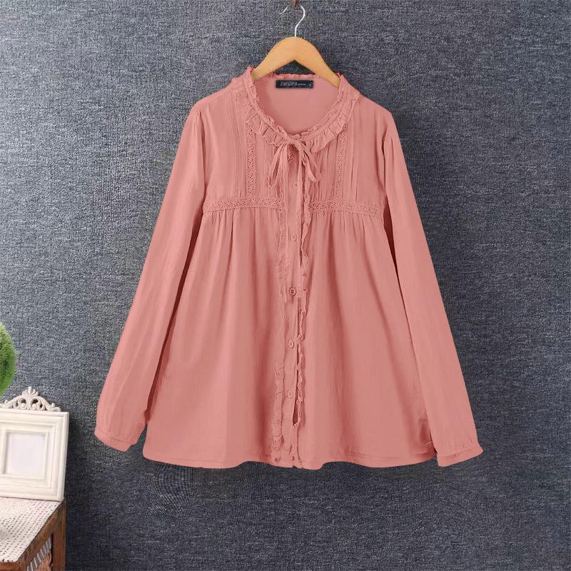 

ZANZEA Женская повседневная блузка с круглым вырезом, свободного кроя, с длинными рукавами, в стиле пэчворк S розовый