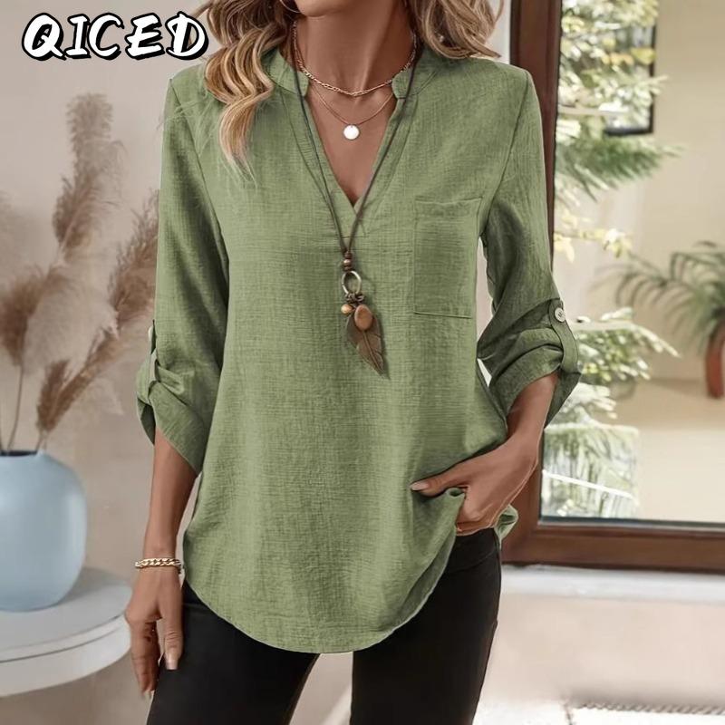 QICED Women's Fashion Casual Solid Color Print Long Sleeve V Neck Blouses & Shirts