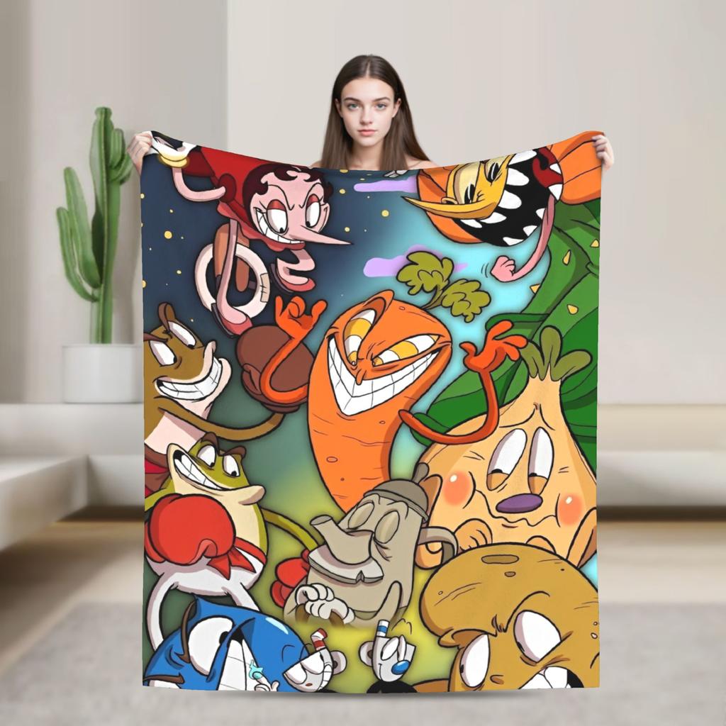 Cuphead cartoon Flannel Blankets Super Warm Throw Blanket for Couch Chair Camping Fashion Bedspread Sofa Bed Cover