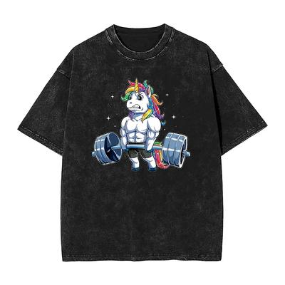 Men T Shirt Unicorn Weightlifting Washed T Shirts Fashion Funny Gym Summer Tees Aesthetic Print Cotton Clothing