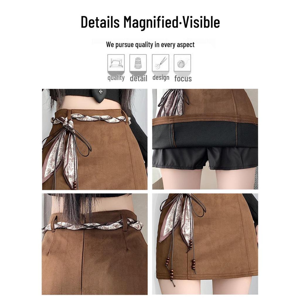 Korean-Style High-Waisted Suede A-Line Bodycon Skirt for Women - Spring/Autumn 2026
