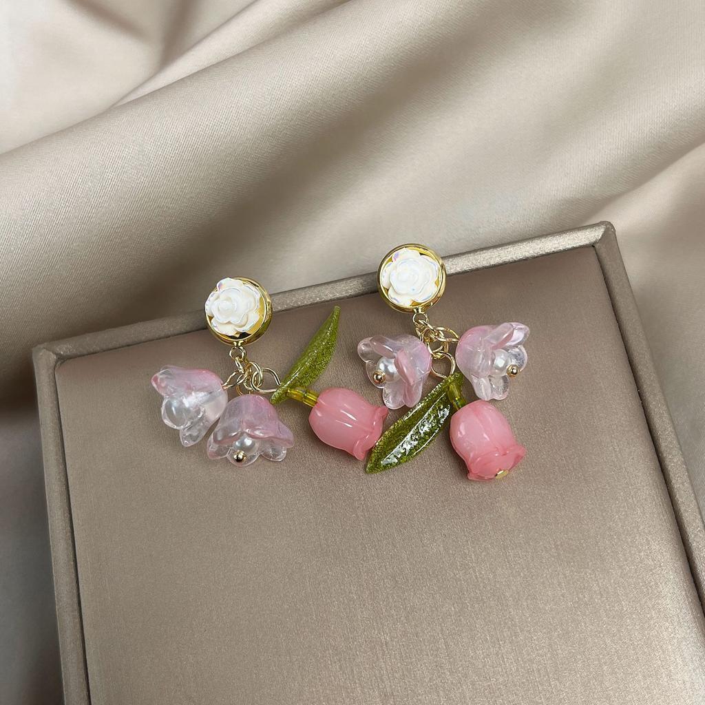 Pinkdudu 2023 Sweet Pink Rose Green Leaf Drop Earrings Fashion Creative Silver Needle Flower Earring for Women Jewelry PD1459