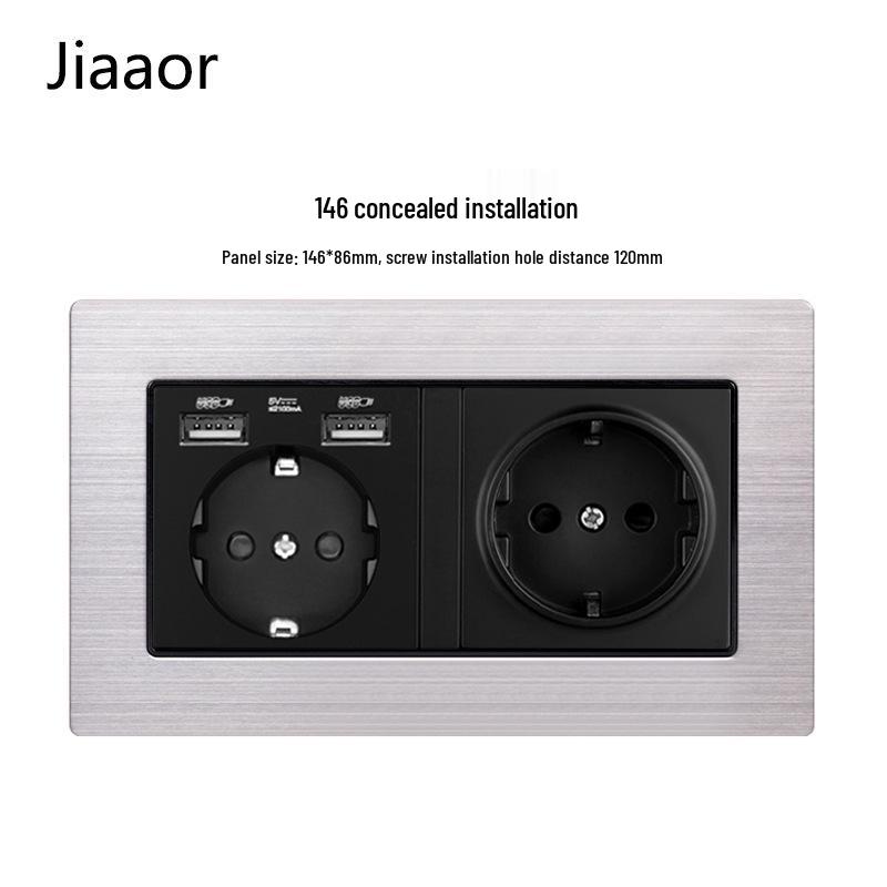Type 146 Dual USB 16A Two-Gang European Power Socket Panel with German Standard Switch (Concealed)
