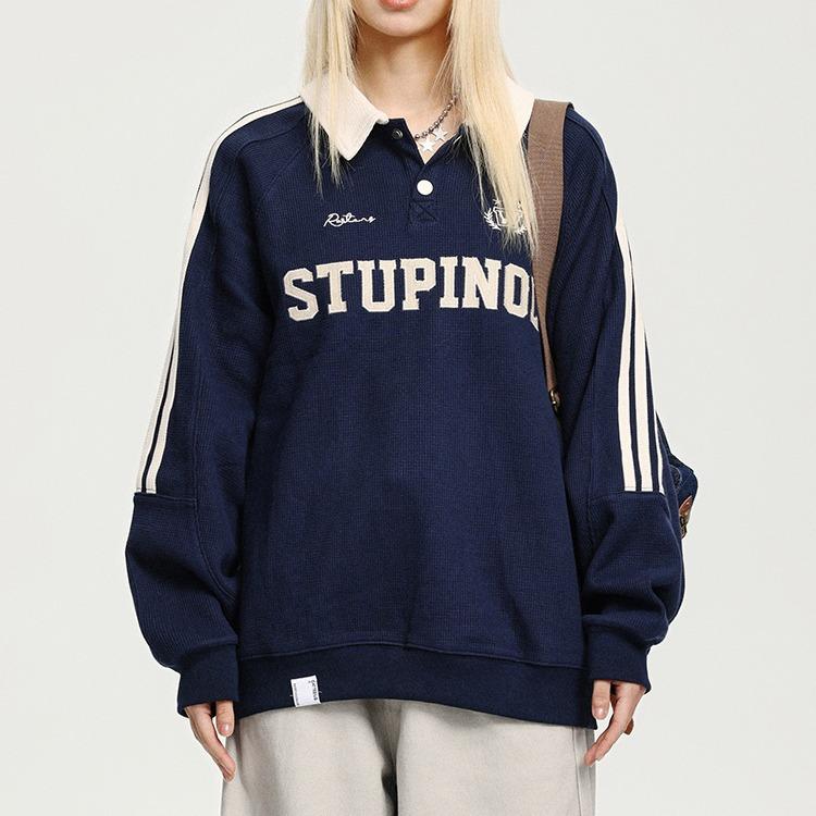 American Retro Collegiate Waffle Polo Neck Sweatshirt Women's Loose Casual Couple Wear Striped Raglan Sleeve Top