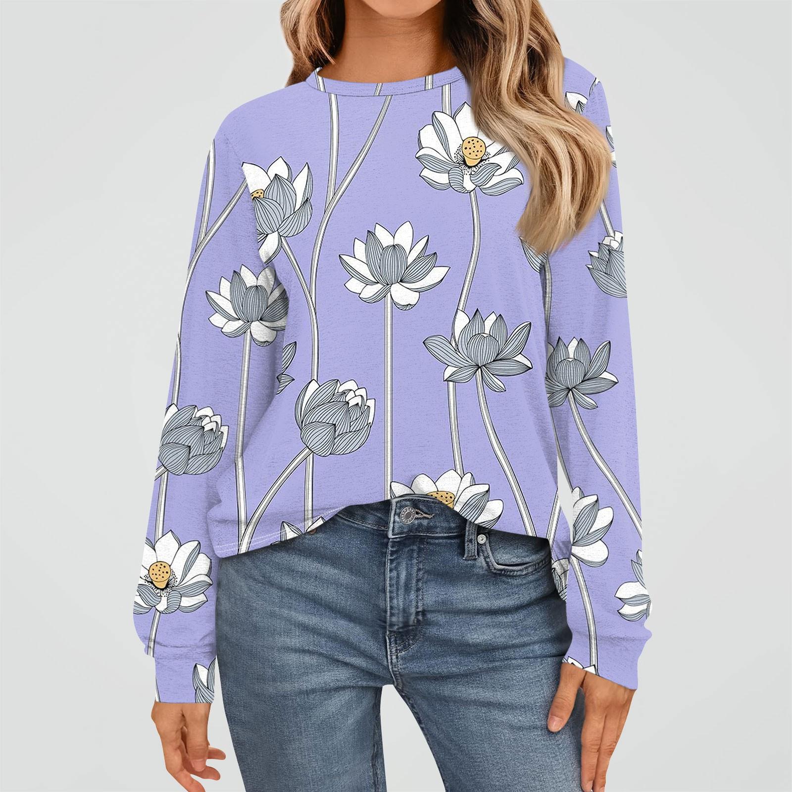 Женская мода повседневная круглая горловина длинный рукав цветочный принт базовый топ XXL — фото 6