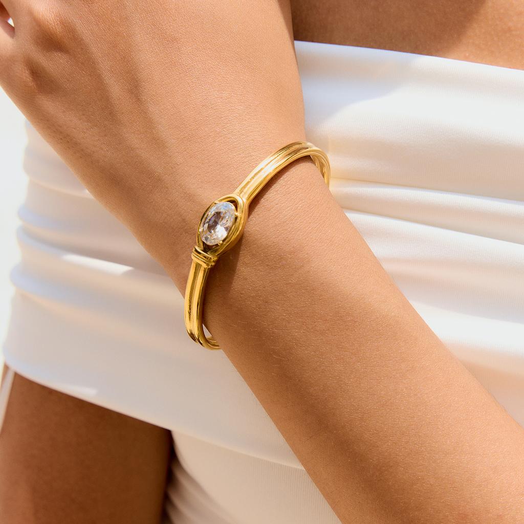 Yori Cubic Zirconia Stainless Steel Metal Cuff Open Bracelet Bangle 18K Gold PVD Plated Statement Waterproof Wrist Jewelry Bijou