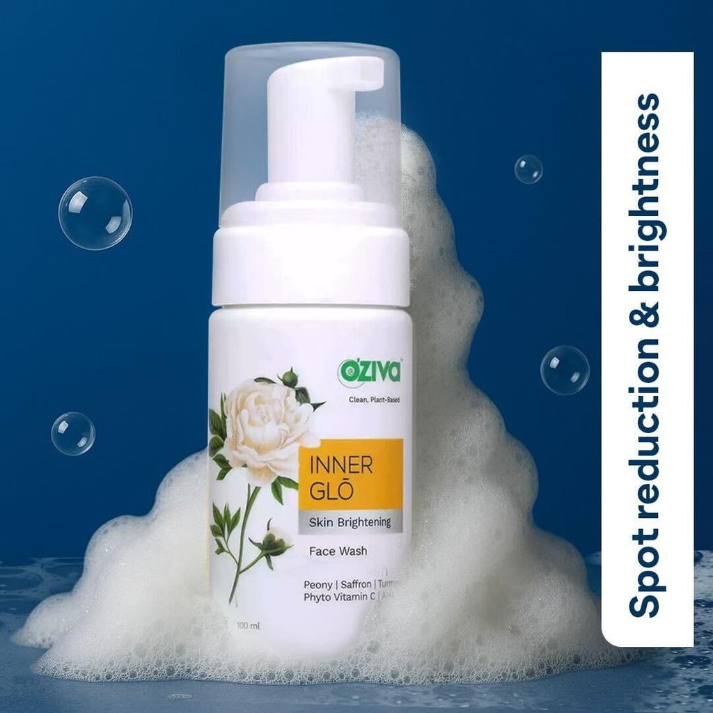 OZiva Inner Glo Face Wash with White Peony, Vitamin C & AHA | Brightens and Hydrates Skin, and Fades Spots - 100 ml
