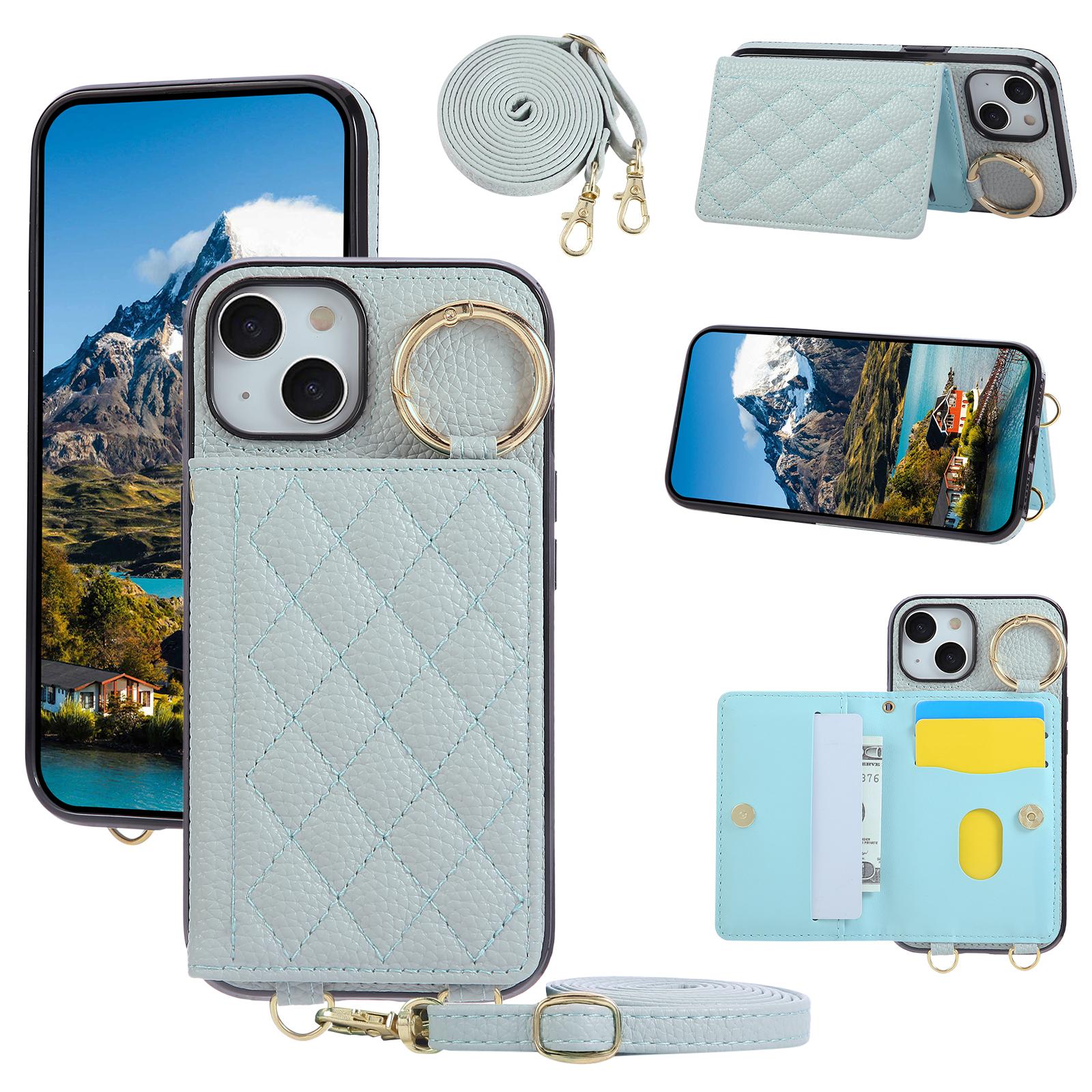 

For iPhone 15 Case Kickstand Rhombus Leather+TPU Phone Cover with Shoulder Strap Blue