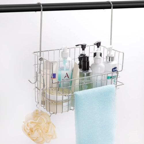 FUNHOO Bathroom Basket, 18-8 Stainless Steel, Hanging Bath Basket with Towel Hanger and Accessory Hooks, Toy Storage, No Assembly Required, 29cm Wide