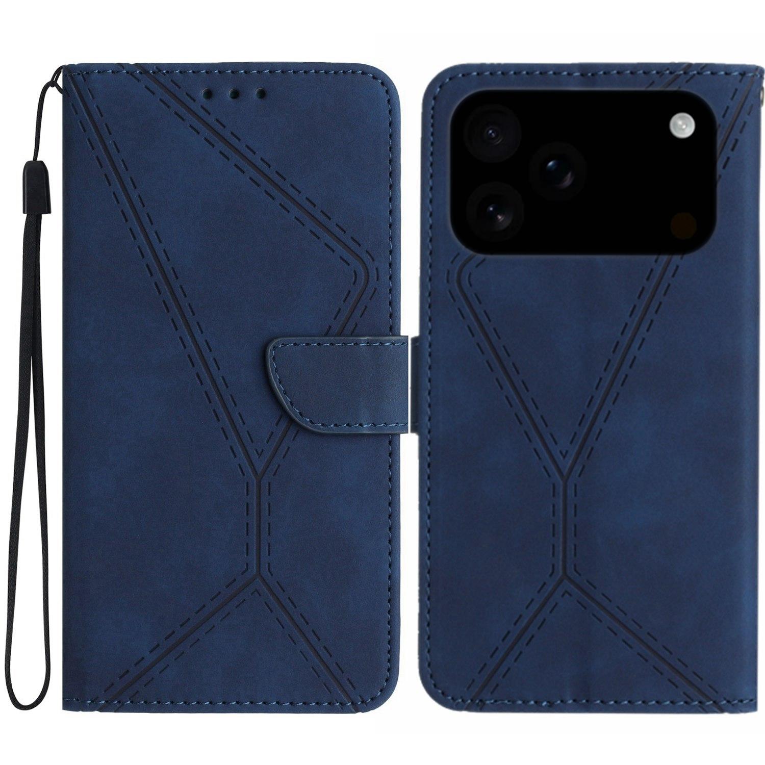 

For iPhone 17 Pro Case Skin Touch Lines Imprinted PU Leather Flip Phone Cover Blue