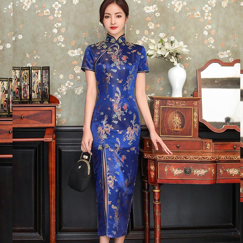 Estilo Chino Qipao Sexy Mujer Talla Grande Cheongsam Vintage Clásico Vestido Chino Dragón y Fénix Chaleco Largo Vestidos