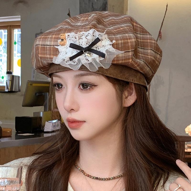 

Корейский милый берет в клетку, осенне-зимний, универсальный, с кружевным бантом, восьмиугольная шляпа, ретро, повседневная шляпа художника One Size