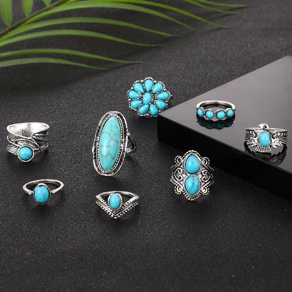 European & American Bohemian Retro Owl Feather Turquoise 8-Piece Ring Set