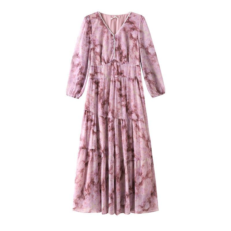 Plus Size Women's New V Neck Floral A Word Waist Slimming Mid Length Dress
