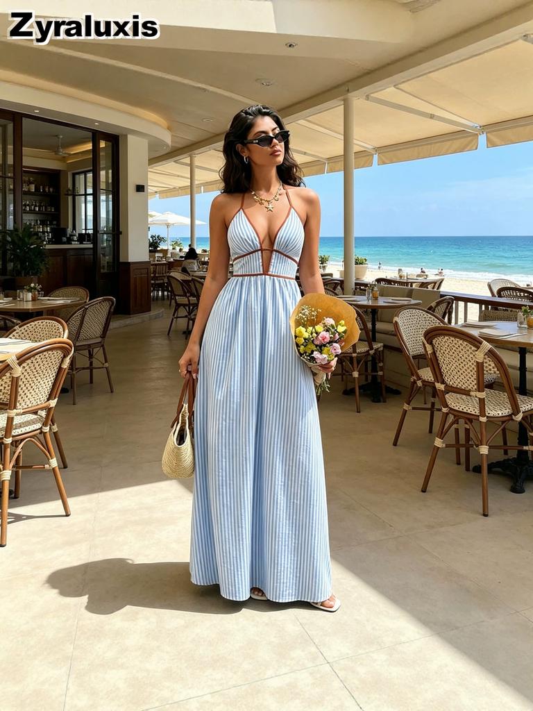 Novedades Vestido de Rayas con Cuello en V para Mujer - Rebajas Vestido Maxi sin Mangas