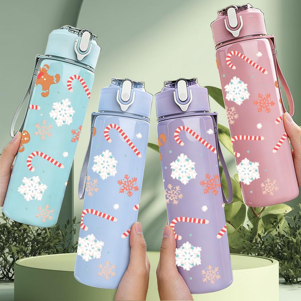 1PC Gingerbread Cookie Christmas Pattern 750ml Color Plastic Sports Water Bottle Leakproof Flip Straw Lid Suitable for Sports Office Home Use