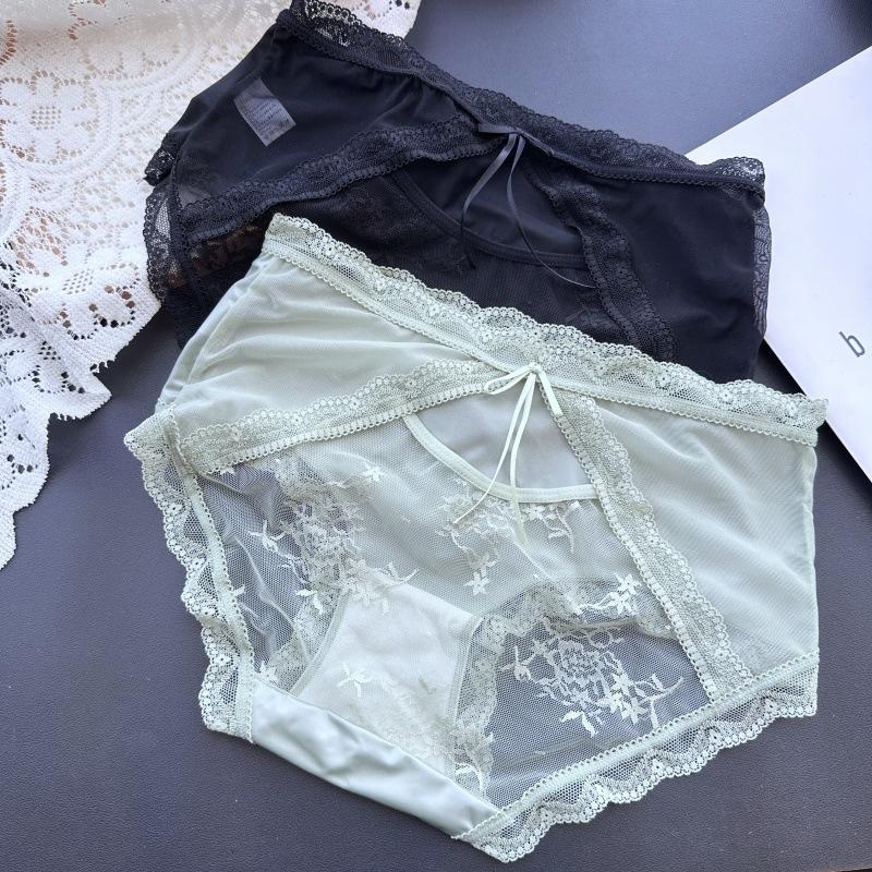 Women's Spring Summer Satin Light Luxury Ice Silk Lace Sexy Mid Waist Panties