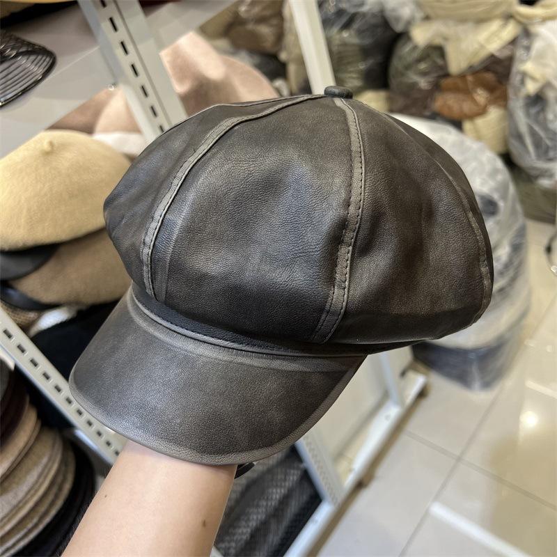 

Стильная восьмиугольная кепка из искусственной кожи с эффектом стирки, женская, осенне-зимняя, литературная, в стиле ретро, теплая шляпа художника M（56-58cm） серый