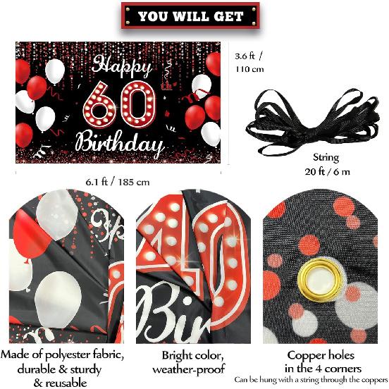 60th Birthday Decoration Banner Backdrop, Happy 60th Birthday Decorations for Women, Red Black White 60 Years Old Birthday Party Photo Booth Props