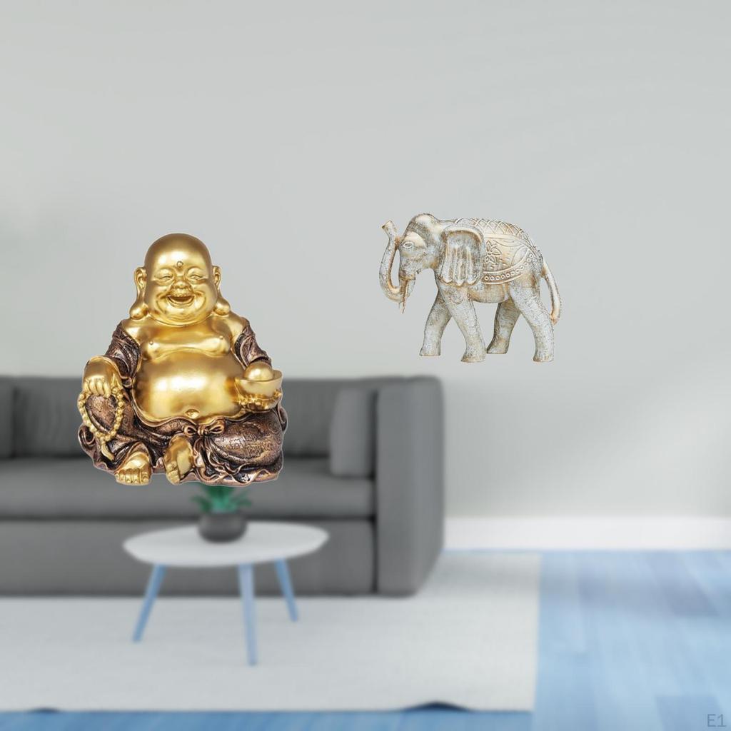 Maitreya Buddha Laughing Elephant Sculpture Feng Shui Tabletop Ornament Hand Carved Wooden Statue