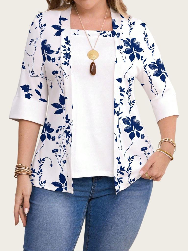 2025 Plus Size Floral Print Casual Two-Piece Seven-Sleeve Top for Women