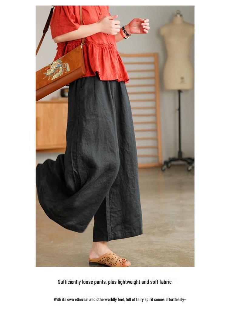 2022 Summer Plus Size Cotton Linen Wide-Leg Casual Pants - Breathable, Slimming, Artistic Design