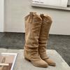 Pleated Trouser Boots Maillard Coffee High Boots Women's 2025 New Pointed Thick Heel Knight Boots But Knee Boots