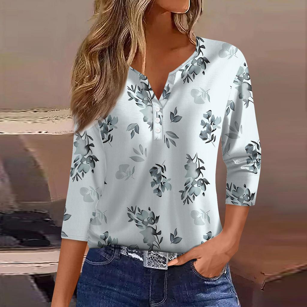 Women's T Shirt Tee Print Button 3/4 Sleeve Tunic Daily Weekend Fashion Basic V- Neck Regular Top