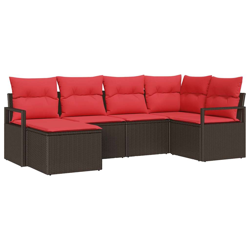 Sofa Set with Cushions 6 pcs Brown and Red Poly Rattan
