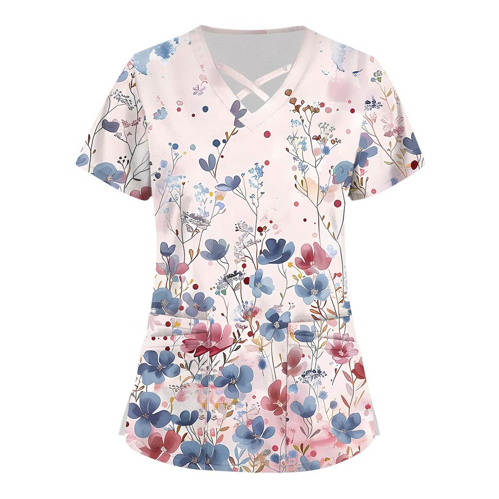 Top de Enfermera de Manga Corta con Cuello en V Escalonado, Estampado y Bolsillo