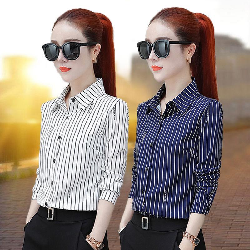 1116 new black and white vertical striped shirt women's spring, summer and autumn long-sleeved versatile professional temperament women's top looks