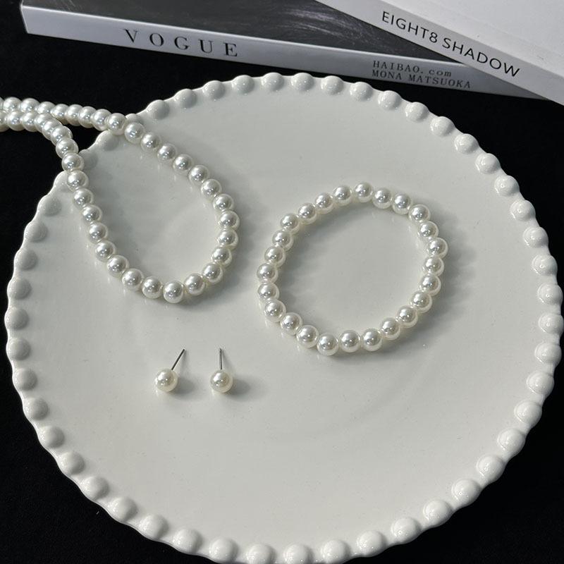 

8mm White Faux Pearl Jewelry Set, Necklace Bracelet Earrings 8mm Glass Pearl Set 3pcs