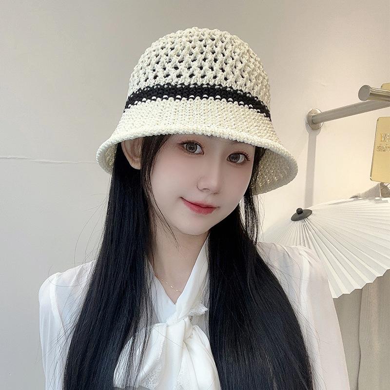 Women's Straw Hat, Japanese Style, Versatile, Patchwork, Hollowed-out Bucket Hat, Summer Outdoor Beach Hat, Face-slimming Sunshade Hat