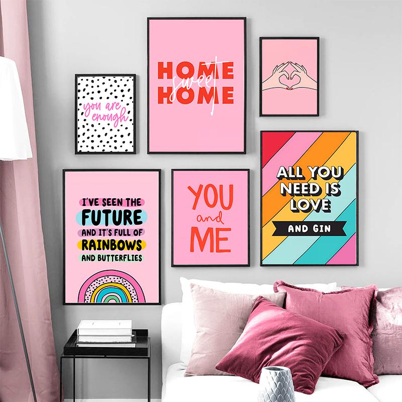 Rainbow Love Canvas Painting You Are Enough Colorful Quotes Poster Pink Wall Art For Bedroom Living Room Home Decoration
