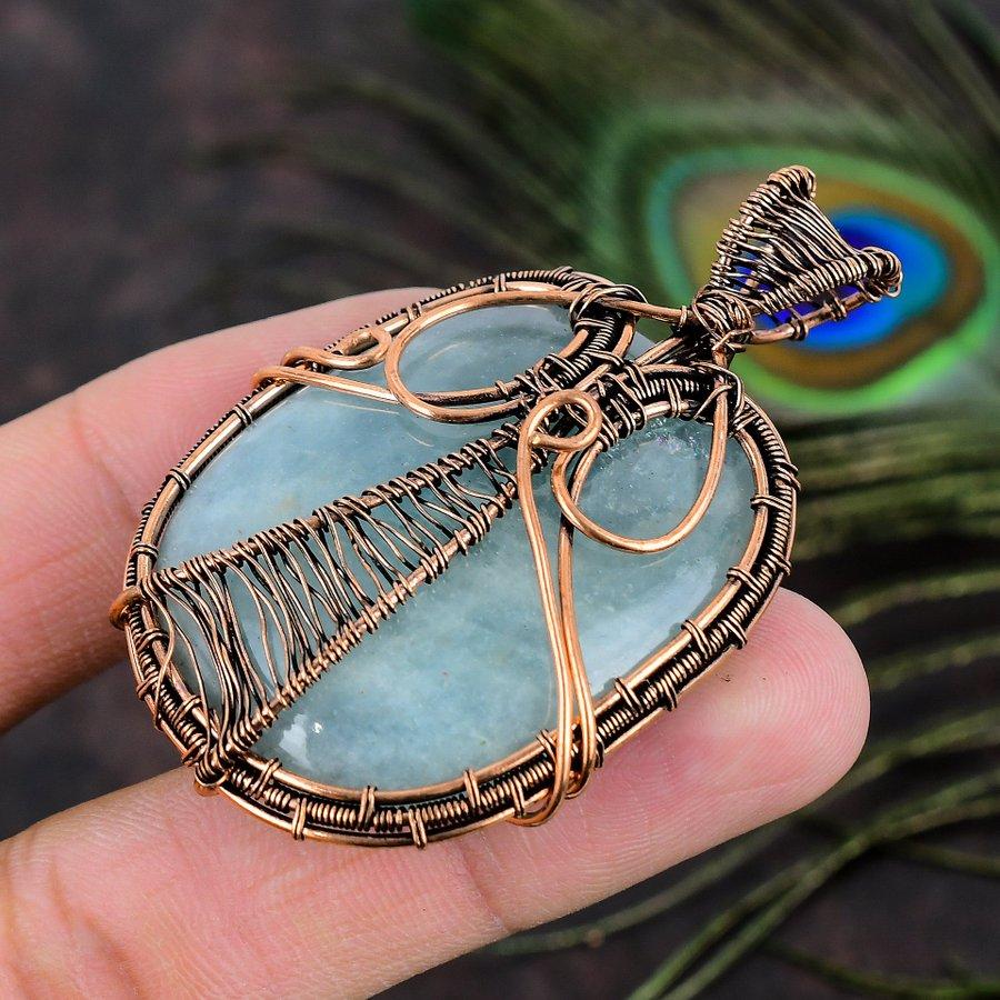 Natural Aquamarine Gemstone Handmade Copper Wire Wrap Gift Pendant 2.36 R3r57