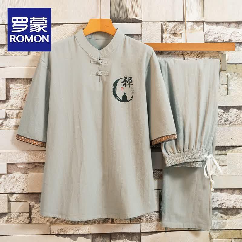 ROMON Men s Summer Loose-Fit Casual Suit Set XL