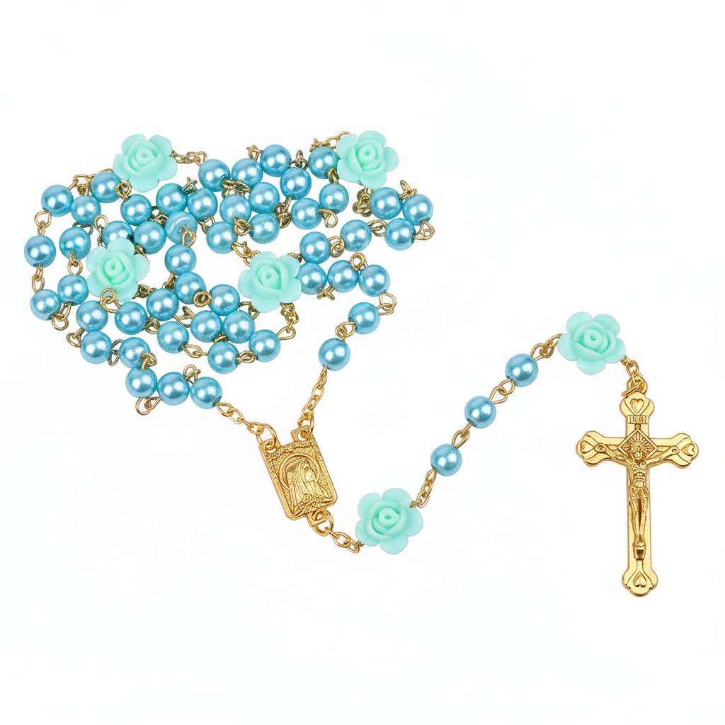 Religion Rosary Necklace For Women Crucifix Cross Pendant 6MM Long Glass Beads Rose Chain Choker Female Prayer Jewelry Gift