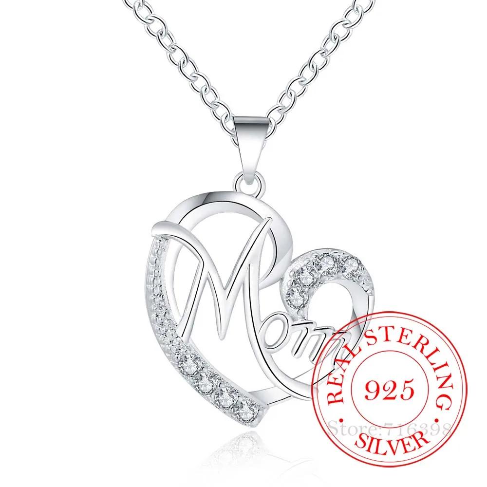 Letter Mom 925 Sterling Silver Fashion AAA Zirconia Crystal Charm Loves Heart Necklace & Pendant Women Mother's Day Gift For Mum
