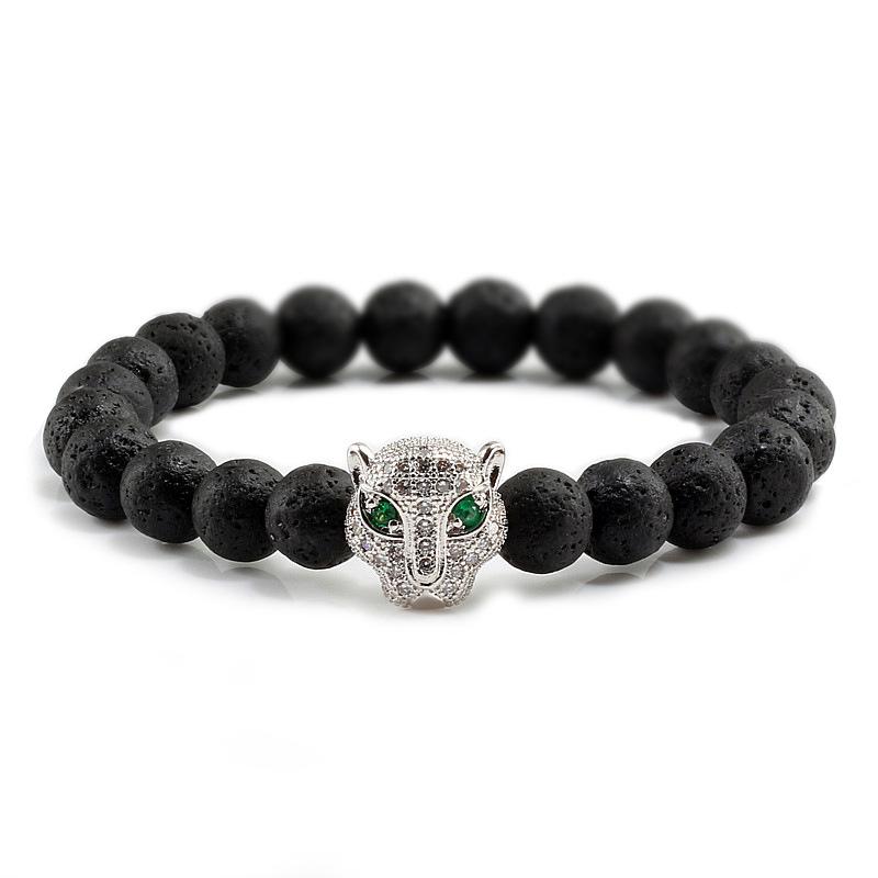 Volcanic Stone Beads Bracelet with Leopard Head and Diamond Circle - Trendy Elastic Hand Ornament